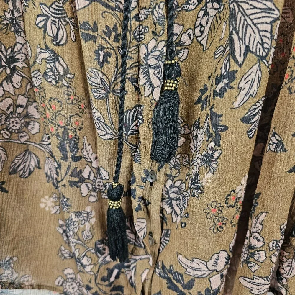 Free People‎ XS Brown Neutral Tone Floral Boho Prairie Cottage Fall Harvest Top